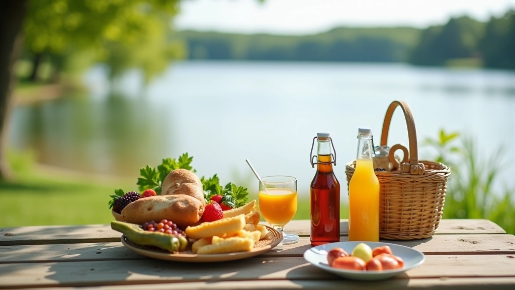 Piknikukorgid ja joogid asetatud rannapingile, järve tahaplaani