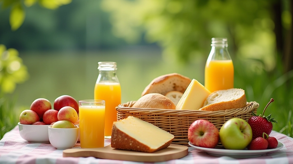 Piknikukorv koos erinevate toiduga — leib, juust, marjad, jook ja serveerimisvarustus